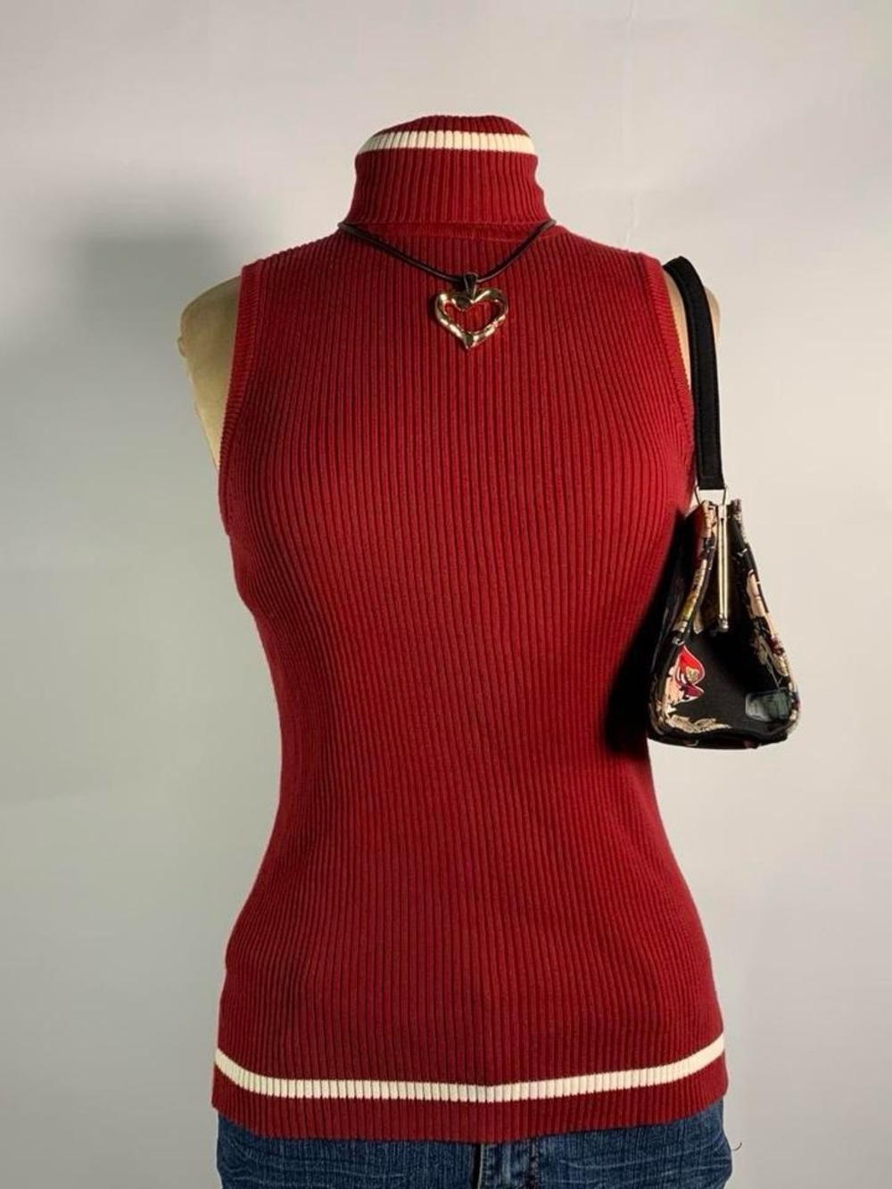 Tommy Hilfiger Red Ribbed Sleeveless Turtleneck Sweater Top Preppy Vintage